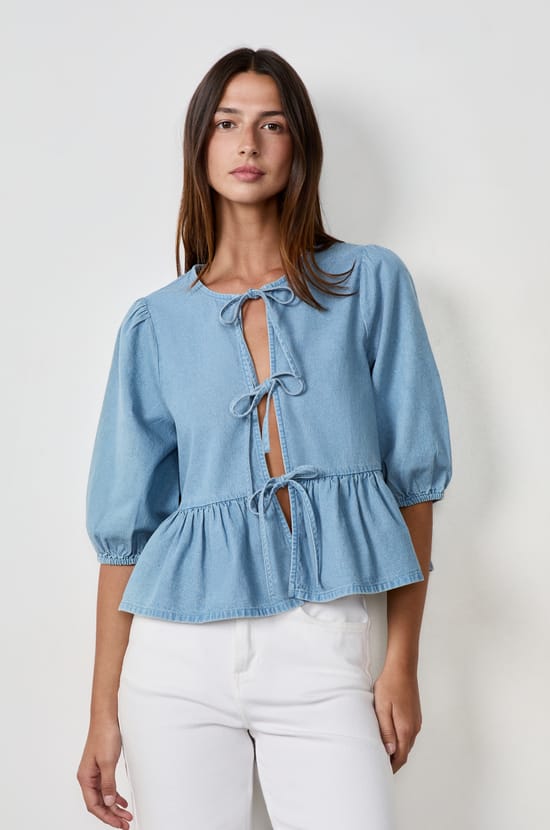 Front-tie shirt with denim effect;${refinementColor}