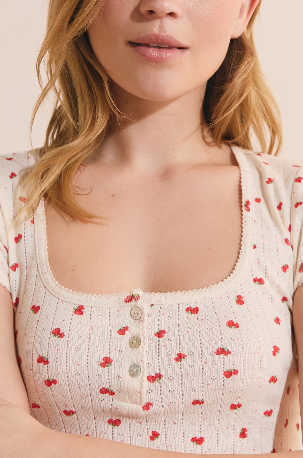 T-shirt de pyjama manches courtes en coton pointelle;${refinementColor}