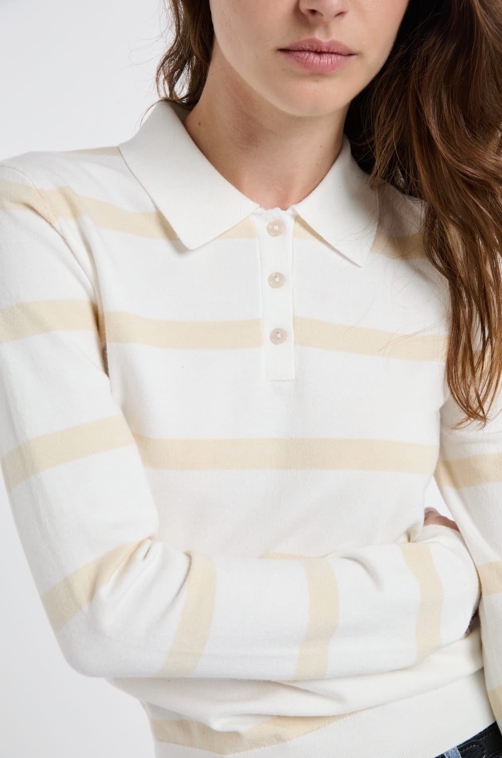 Pull col polo &agrave; manches longues &agrave; rayures;${refinementColor}