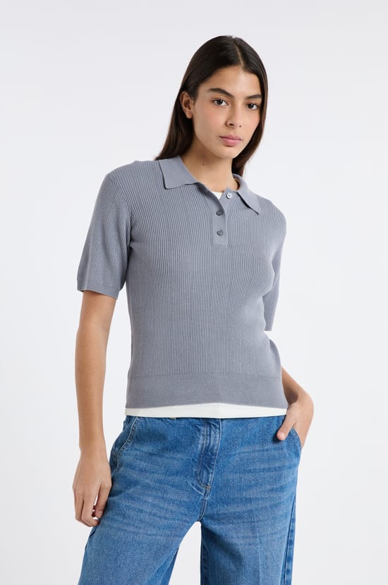Short-sleeved polo in fine pointelle knit;${refinementColor}