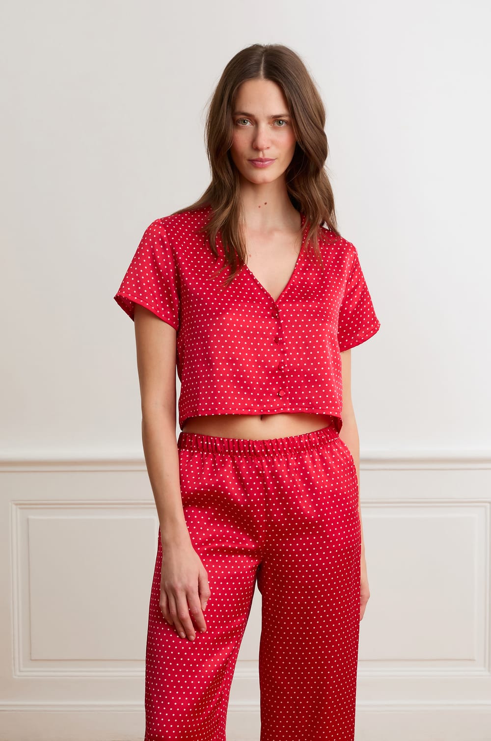 Polka Dot Satin Pajama Top;${refinementColor}