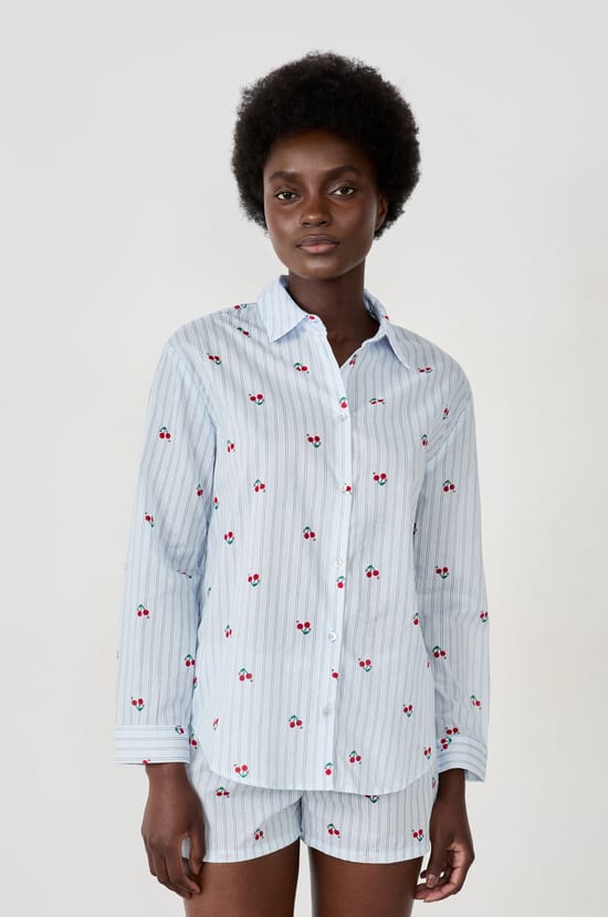 Striped pyjama shirt with cherries;${refinementColor}