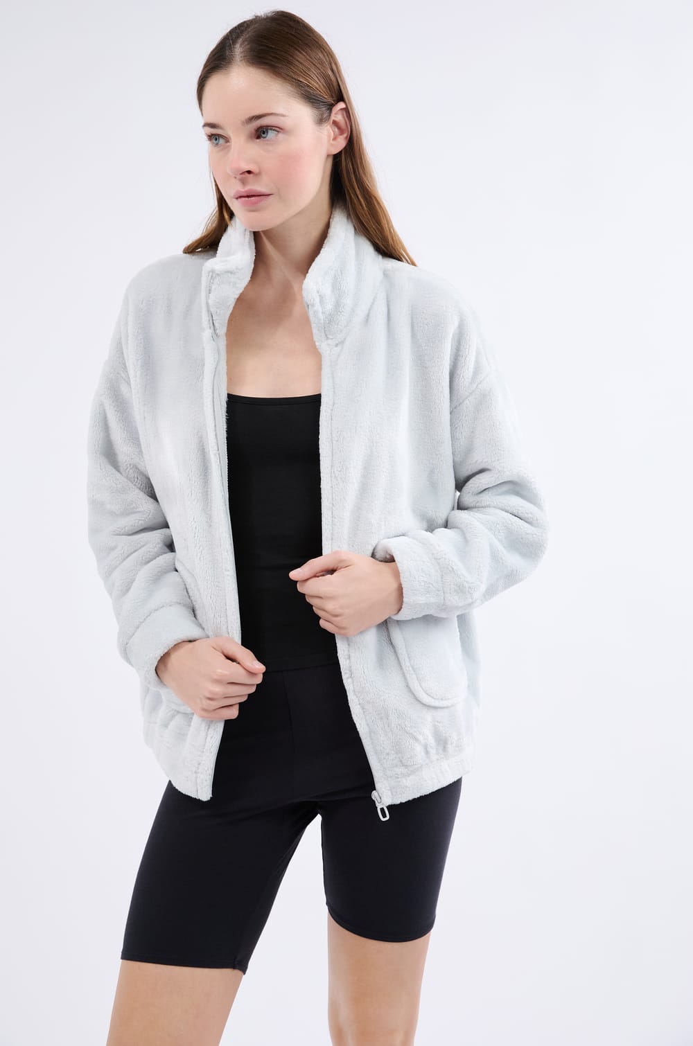 Pyjama Jacke mit langen Ärmeln in Fleece-Optik;${refinementColor}