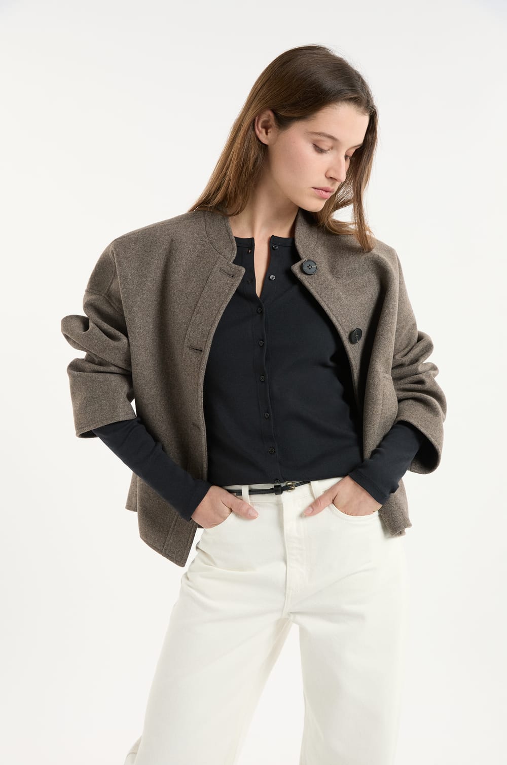 T-shirt boutonn&eacute; &agrave; manches longues en coton;${refinementColor}