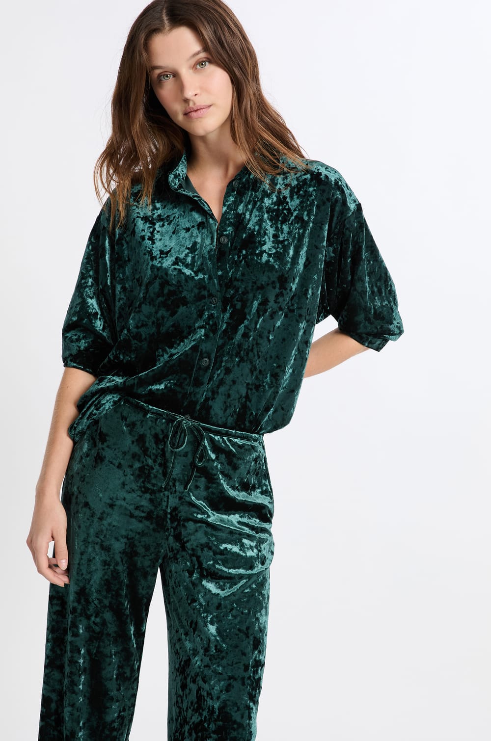 Velvet Effect Pyjama Shirt;${refinementColor}