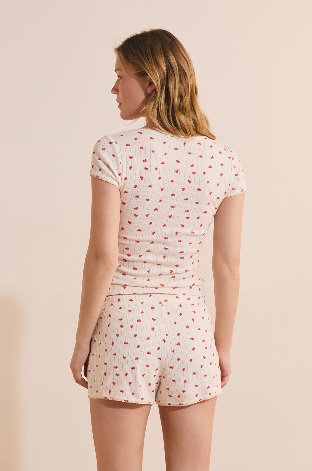 T-shirt de pyjama manches courtes en coton pointelle;${refinementColor}