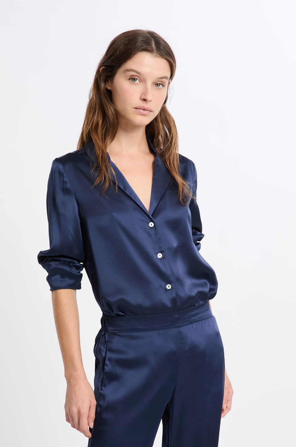 Chemise de pyjama manches longues en soie;${refinementColor}
