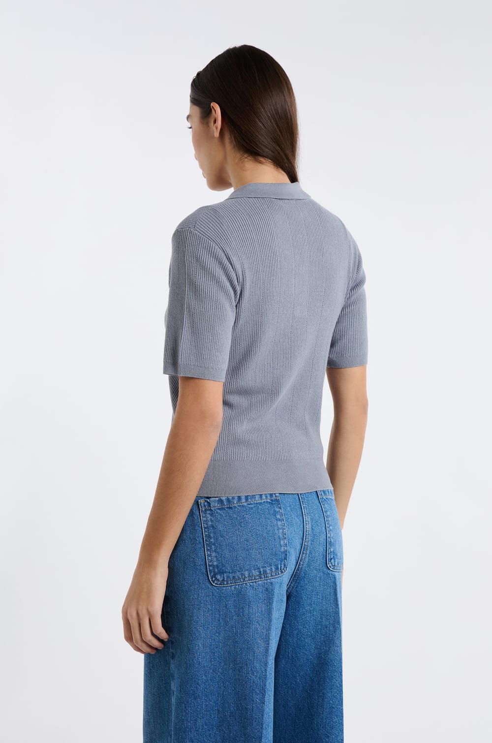 Polo manches courtes en maille fine pointelle;${refinementColor}