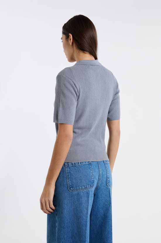 Short-sleeved polo in fine pointelle knit;${refinementColor}