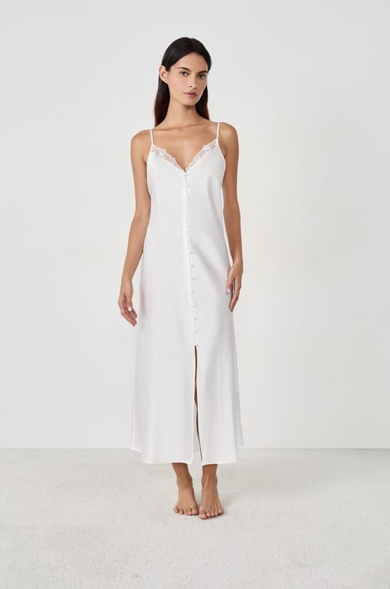 Long Satin Nightdress with Lace Detail;${refinementColor}