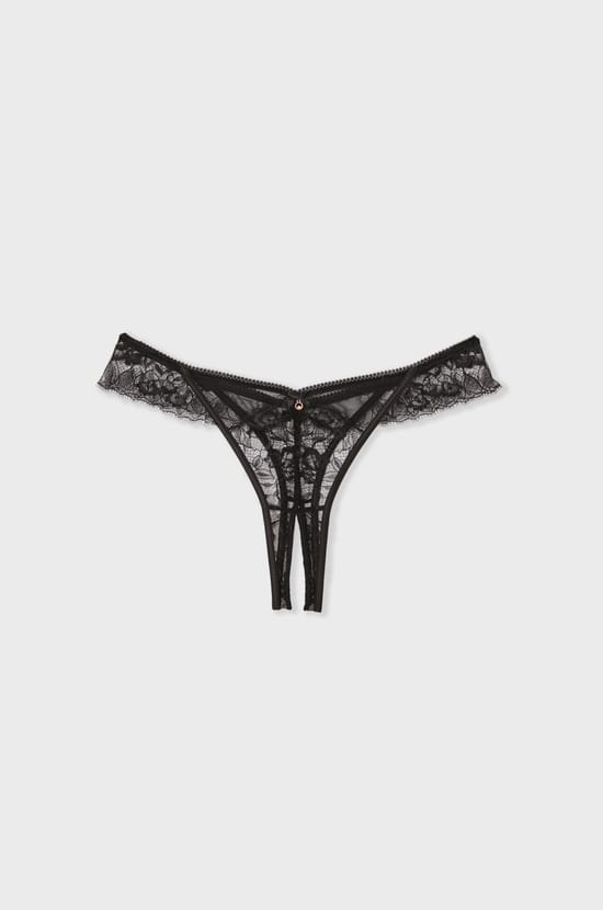 Tanga fendu en dentelle et satin;${refinementColor}
