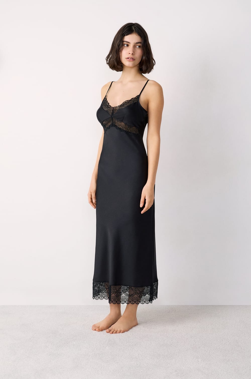 Long Satin Nightdress With Lace Details;${refinementColor}