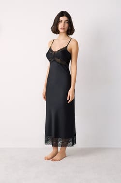 Long Satin Nightdress With Lace Details;${refinementColor}