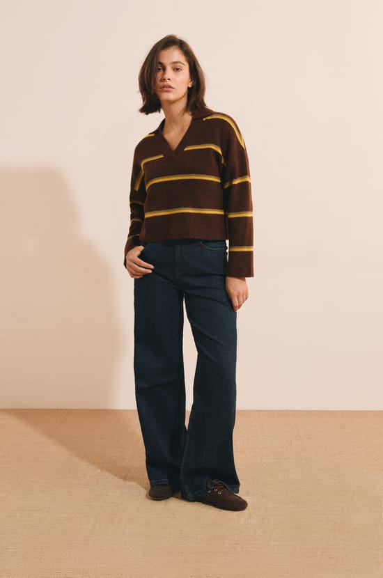 Pull ray&eacute; &agrave; manches longues avec col polo;${refinementColor}