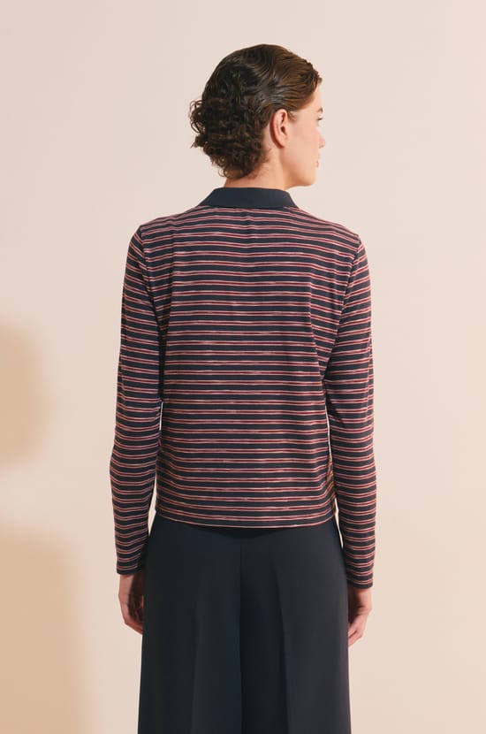 T-shirt &agrave; rayures col polo avec coton;${refinementColor}