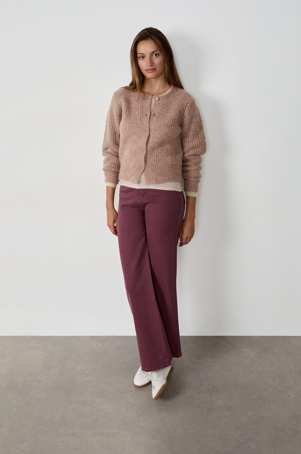 Long-sleeved cardigan sweater with buttons;${refinementColor}