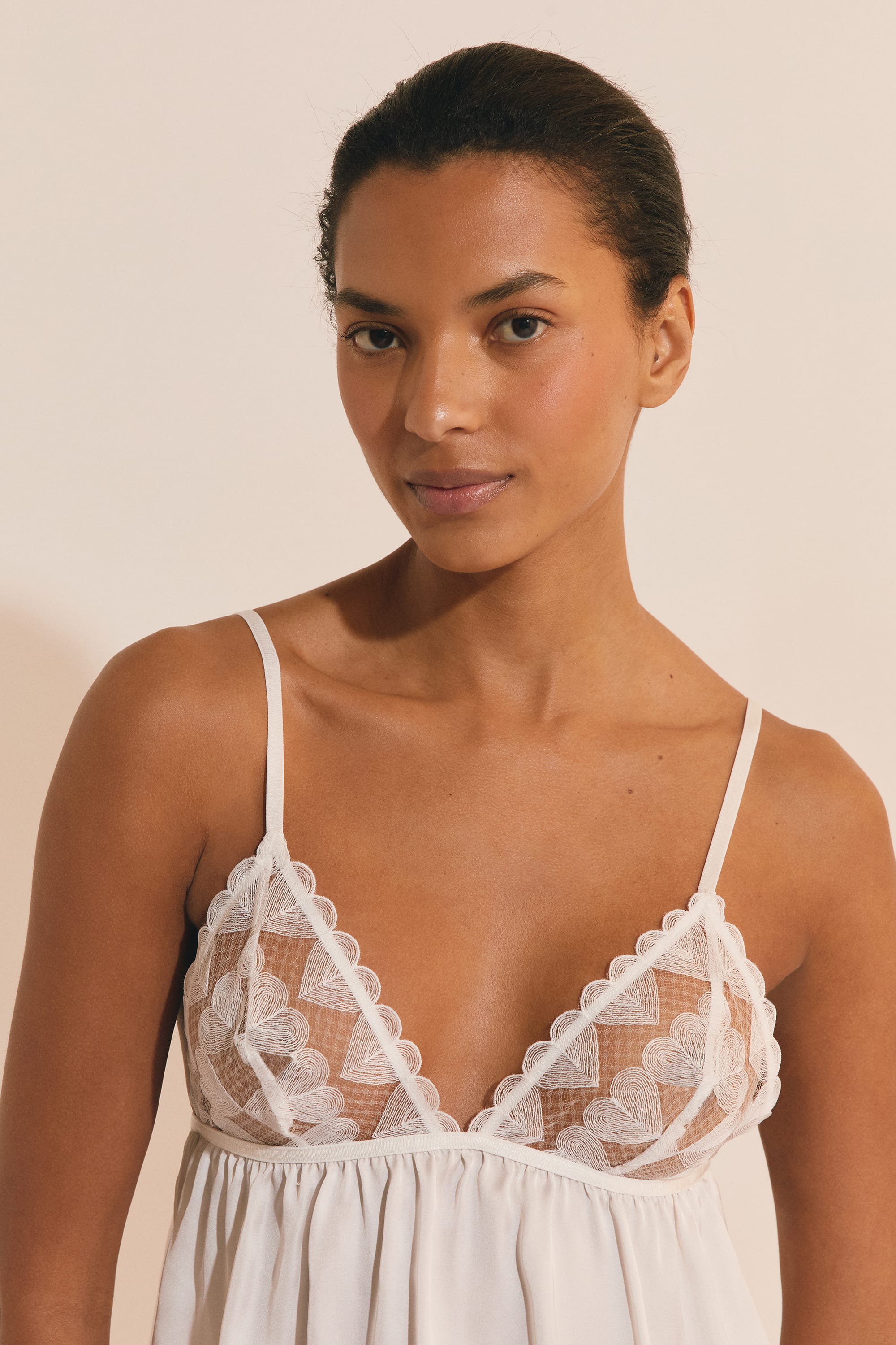 Satin Camisole with Heart Embroidery - DESIR - BLANC - ETAM