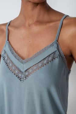 Camisole with thin straps and lace neckline;${refinementColor}
