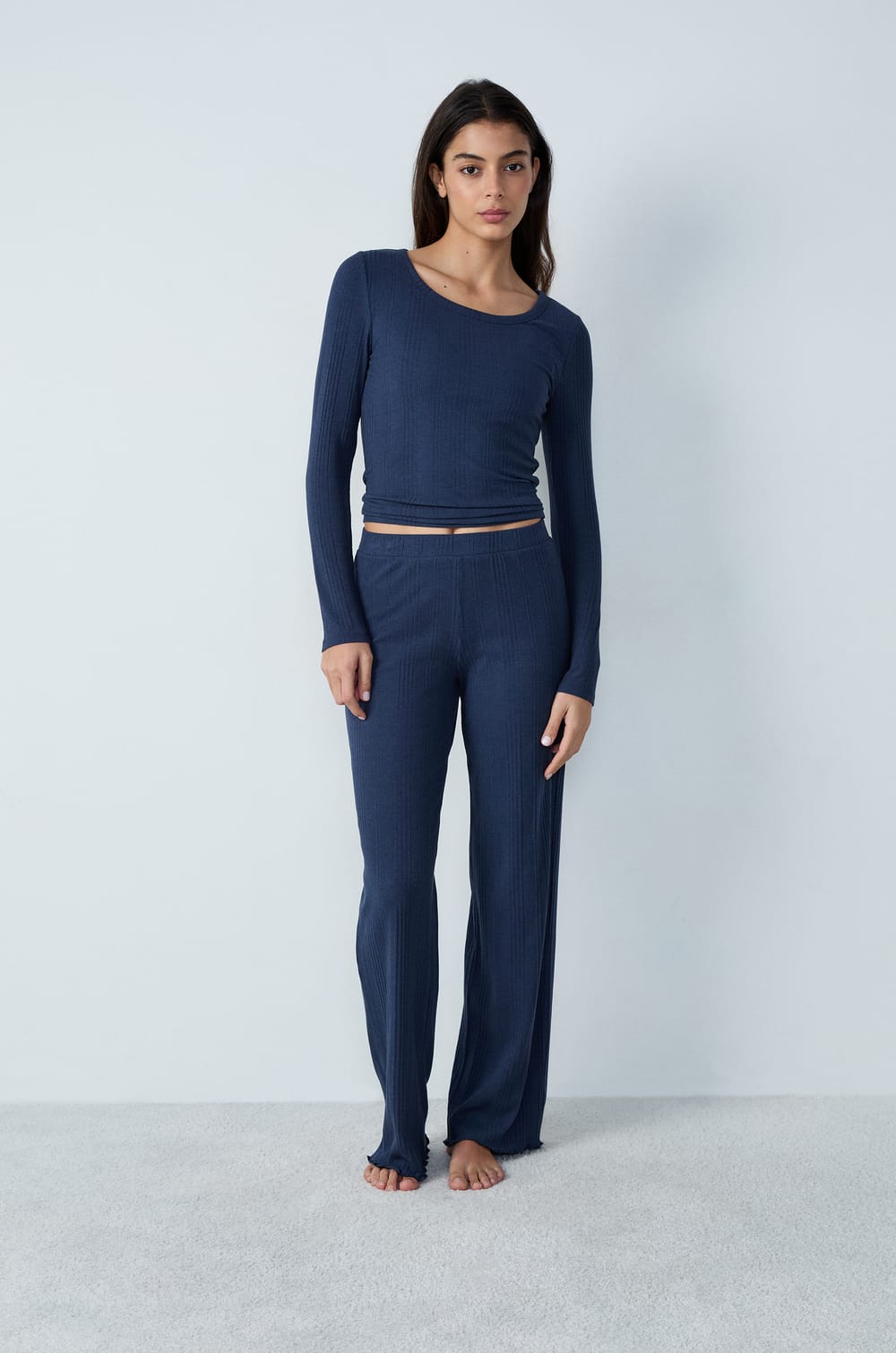 Straight-cut ribbed cotton pyjama trousers;${refinementColor}