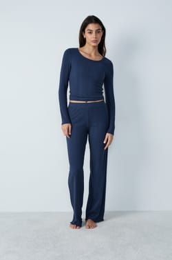Straight-cut ribbed cotton pyjama trousers;${refinementColor}