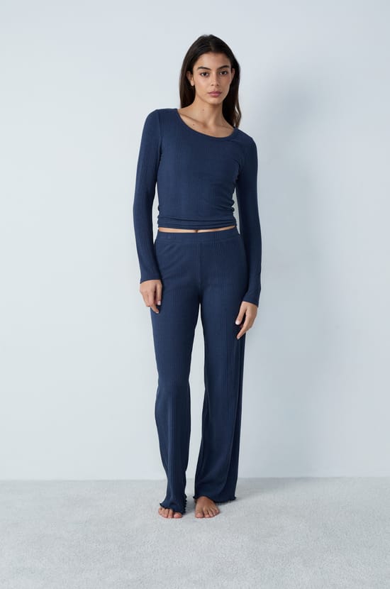Pantalon de pyjama côtelé en coton coupe droite;${refinementColor}