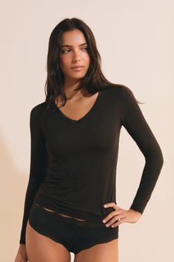 T-shirt col V maille thermique;${refinementColor}