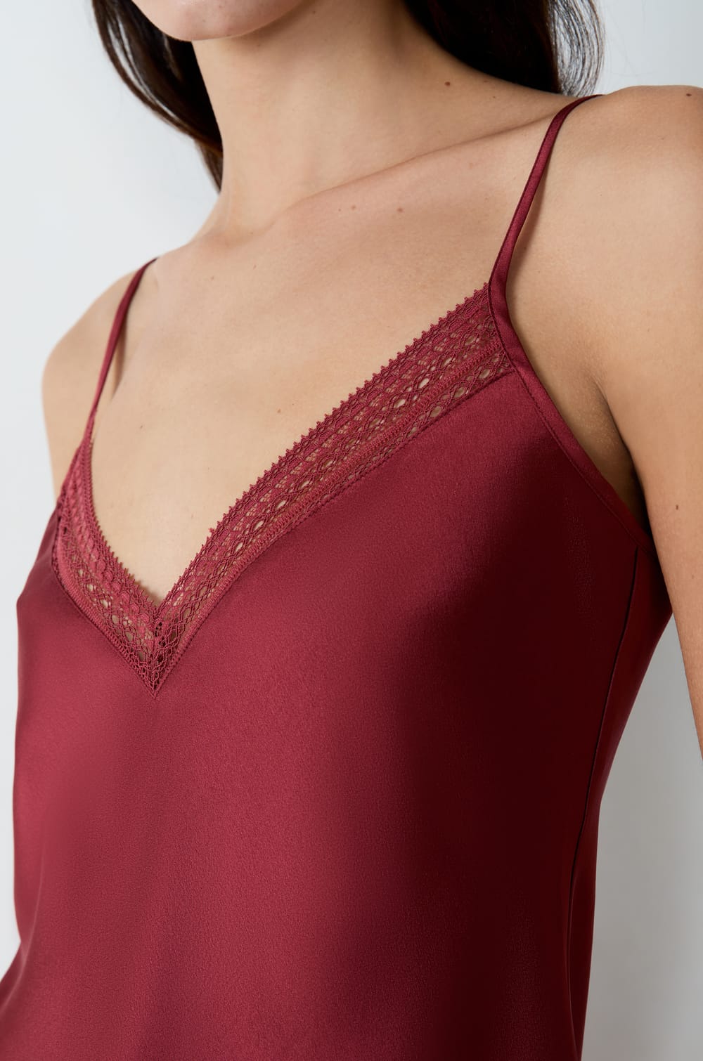 Satin camisole with lace neckline;${refinementColor}