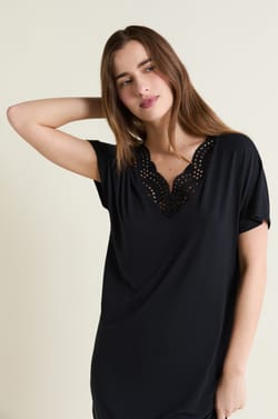 Modal nightshirt with lace neckline;${refinementColor}