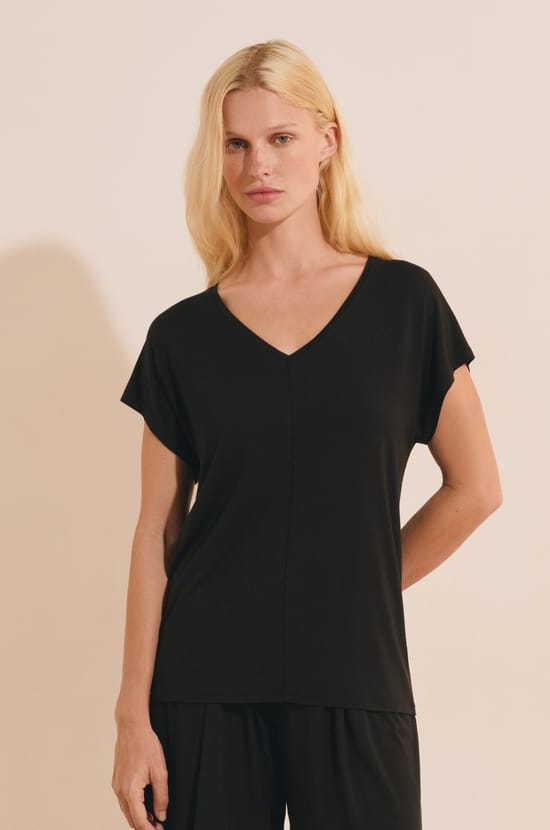 Top de manga corta liso de modal;${refinementColor}