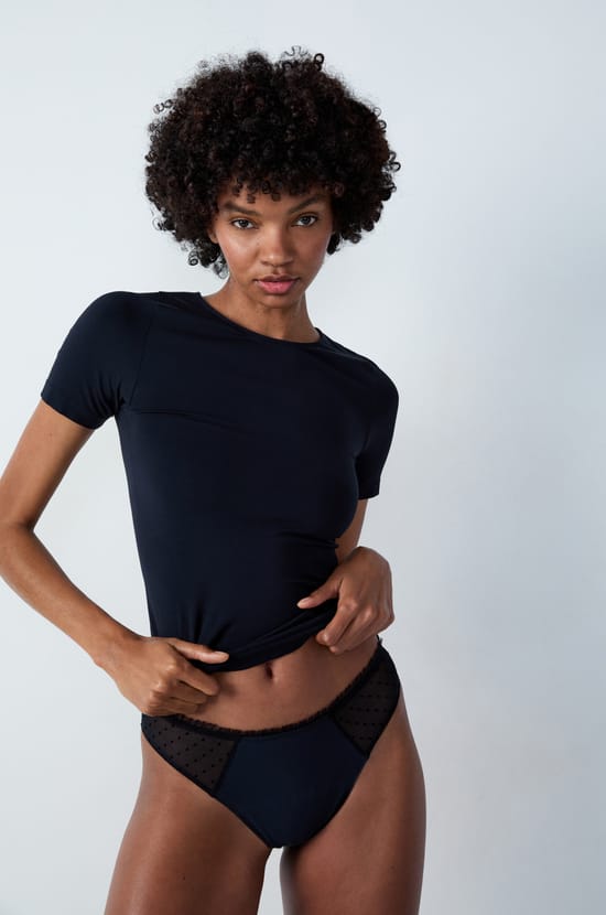 Tanga menstruel en coton et tulle - Flux léger;${refinementColor}