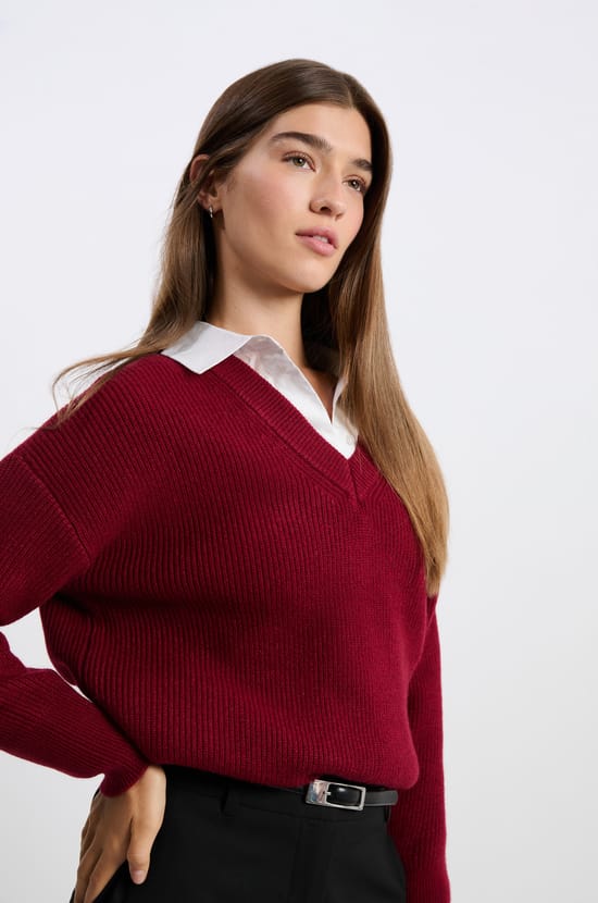 Pull col V manches longues;${refinementColor}