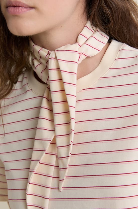 Short-sleeved striped cotton t-shirt with foulard detail;${refinementColor}