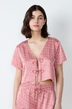 Printed satin top with ties;${refinementColor}