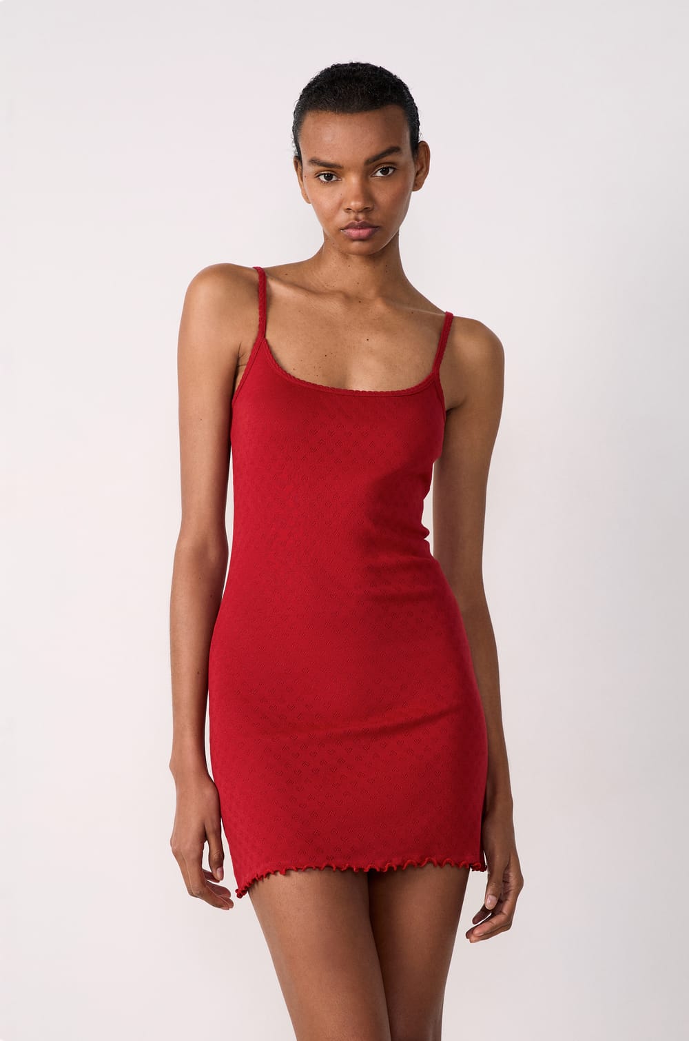 Nightdress with thin straps in cotton pointelle;${refinementColor}