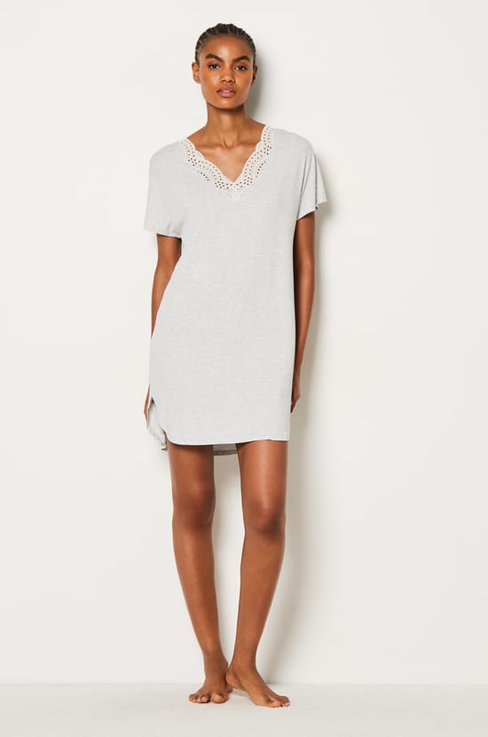 Modal nightshirt with lace neckline;${refinementColor}