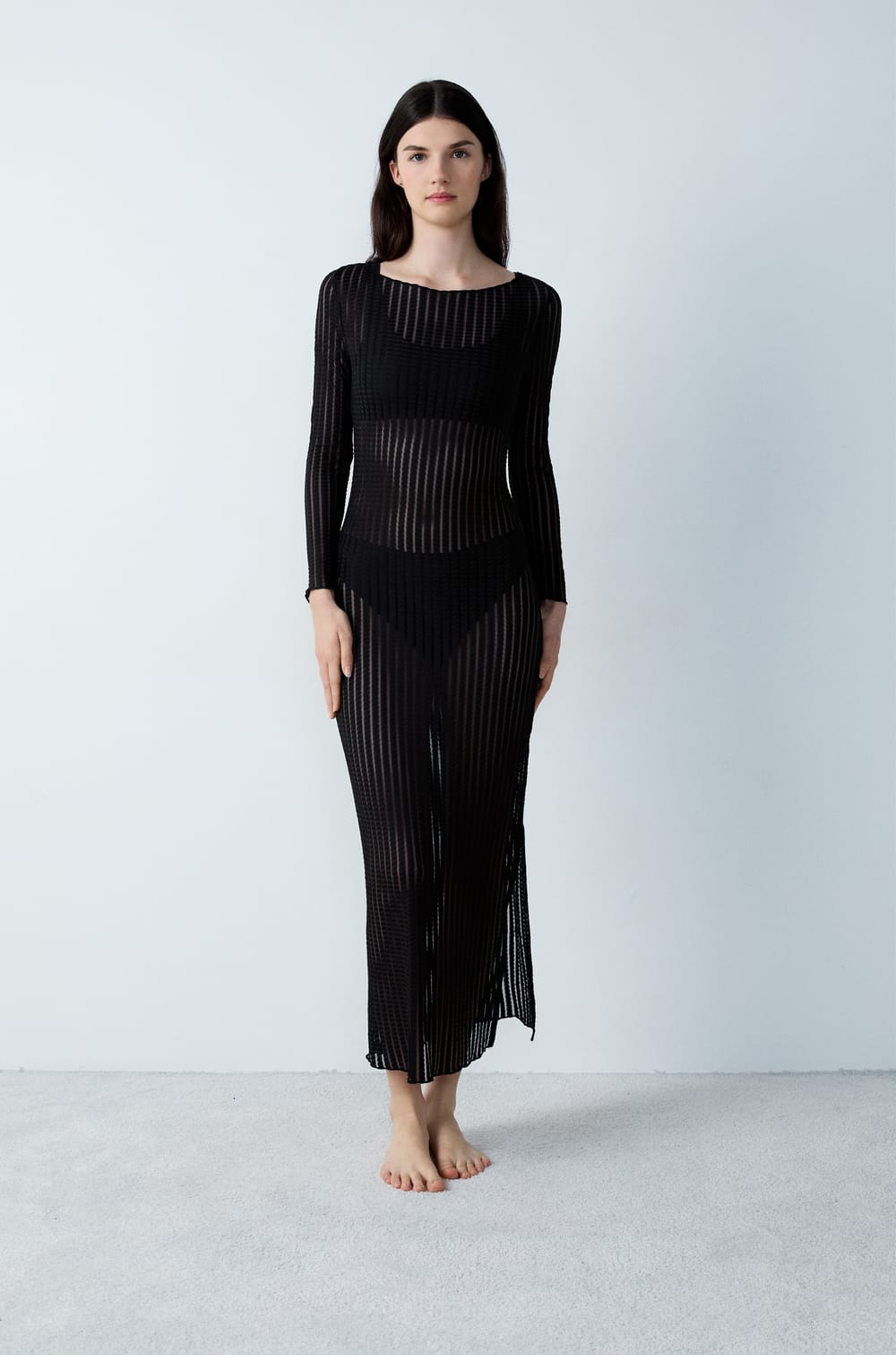 Long Nightdress with Sheer Stripes;${refinementColor}