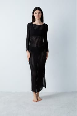 Long Nightdress with Sheer Stripes;${refinementColor}