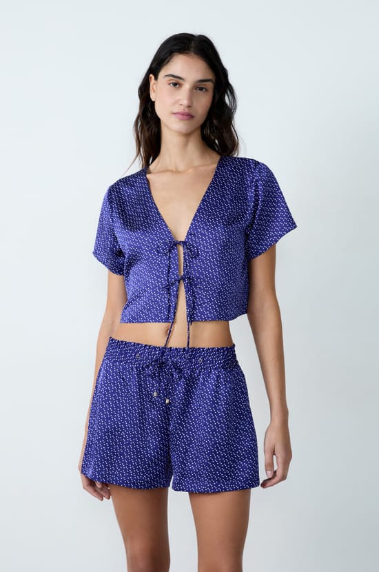 Pantalones cortos de pijama satinados estampados;${refinementColor}