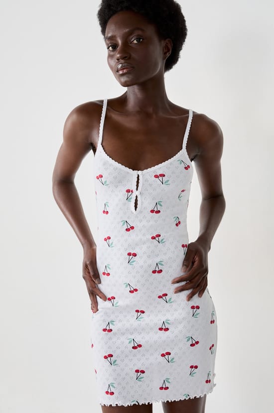 Short nightdress with thin straps in floral pointelle;${refinementColor}