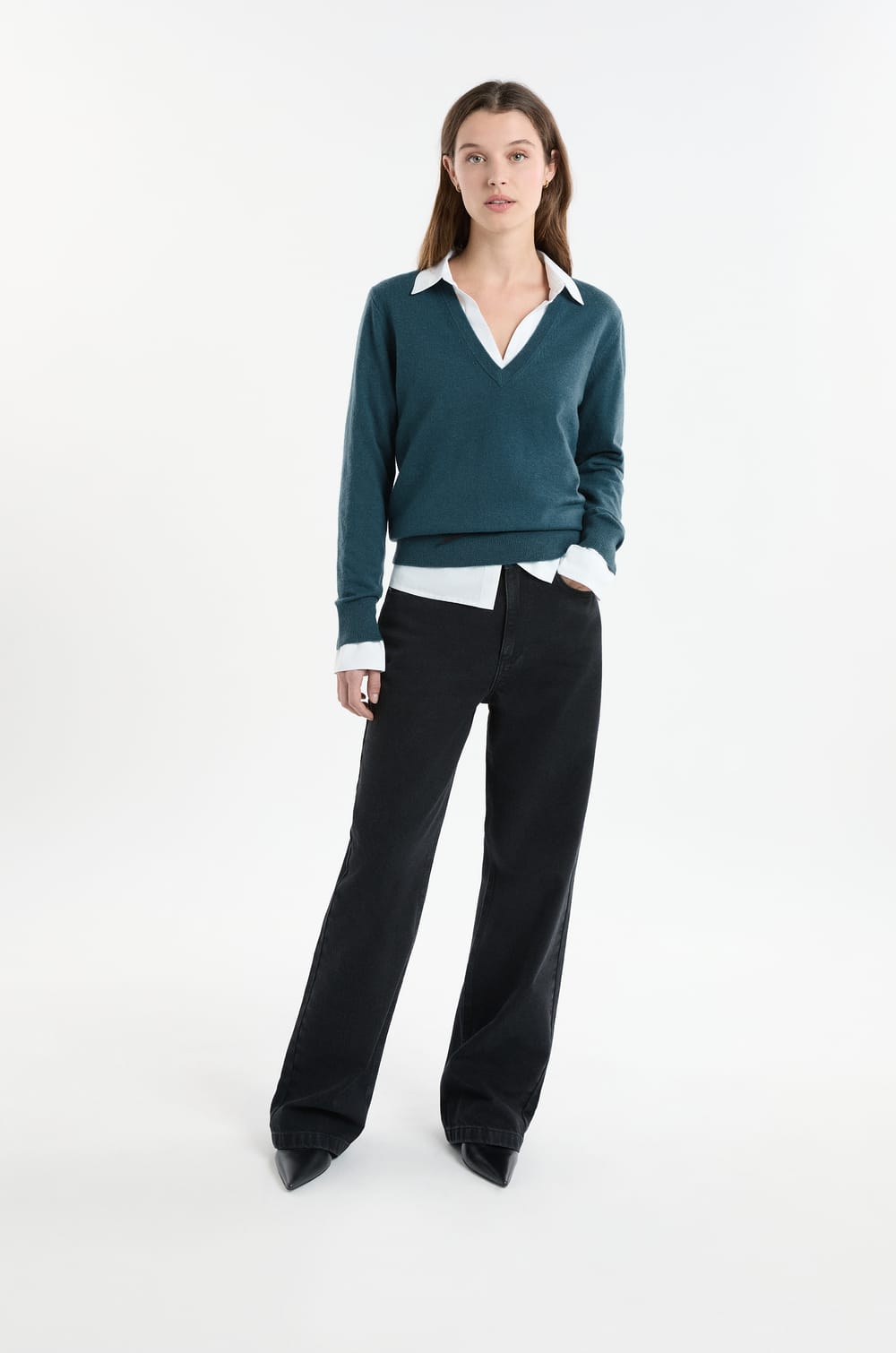 V-neck Sweater with Wool;${refinementColor}