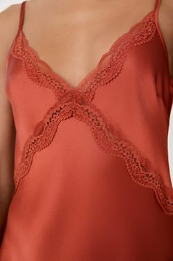 Long satin nightdress with lace details;${refinementColor}