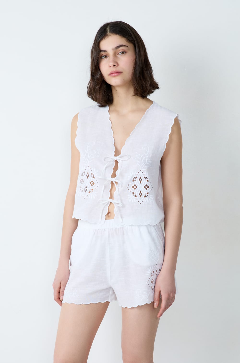 Embroidered Cotton Pyjama Shorts;${refinementColor}