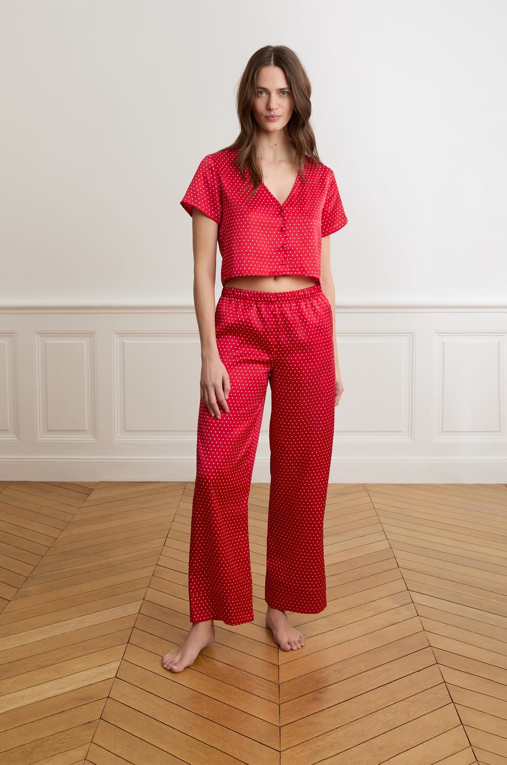 Pantalon de pyjama satin&eacute; &agrave; pois;${refinementColor}