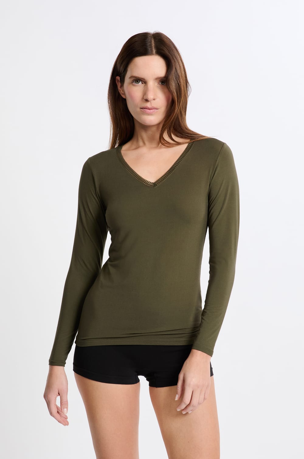 V-neck thermal knit T-shirt;${refinementColor}