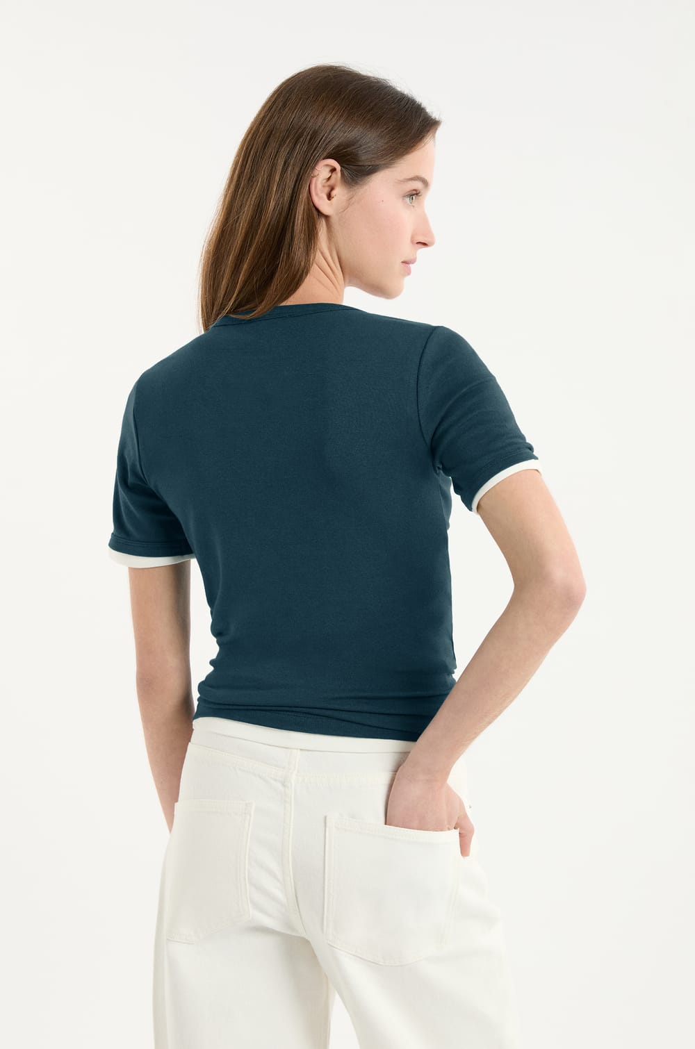 V-neck T-shirt with cotton modal;${refinementColor}