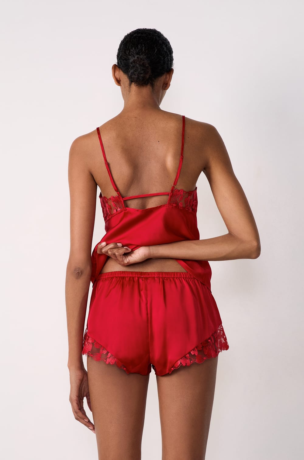 Satin Pyjama Shorts with Lace Details;${refinementColor}