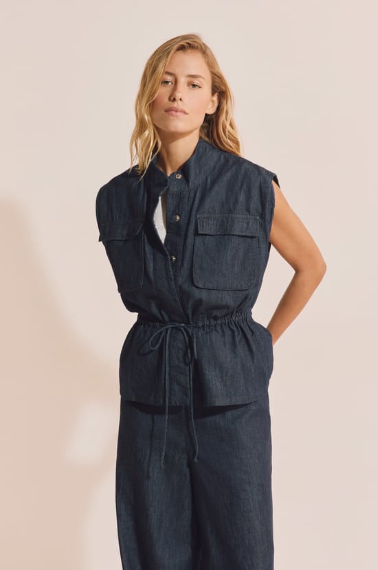 Veste sans manches &eacute;lastiqu&eacute;e effet denim;${refinementColor}