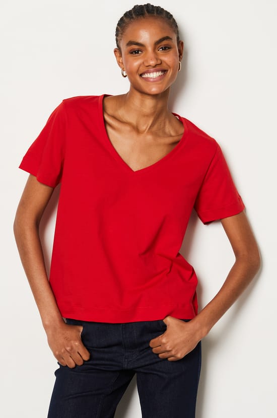 T-shirt col V manches courtes en coton;${refinementColor}