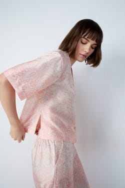 Short-Sleeved Patterned Satin Pajama Shirt;${refinementColor}