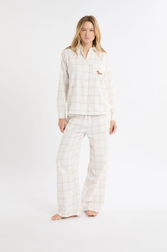 Chemise de pyjama à carreaux avec broderie teckel en coton;${refinementColor}